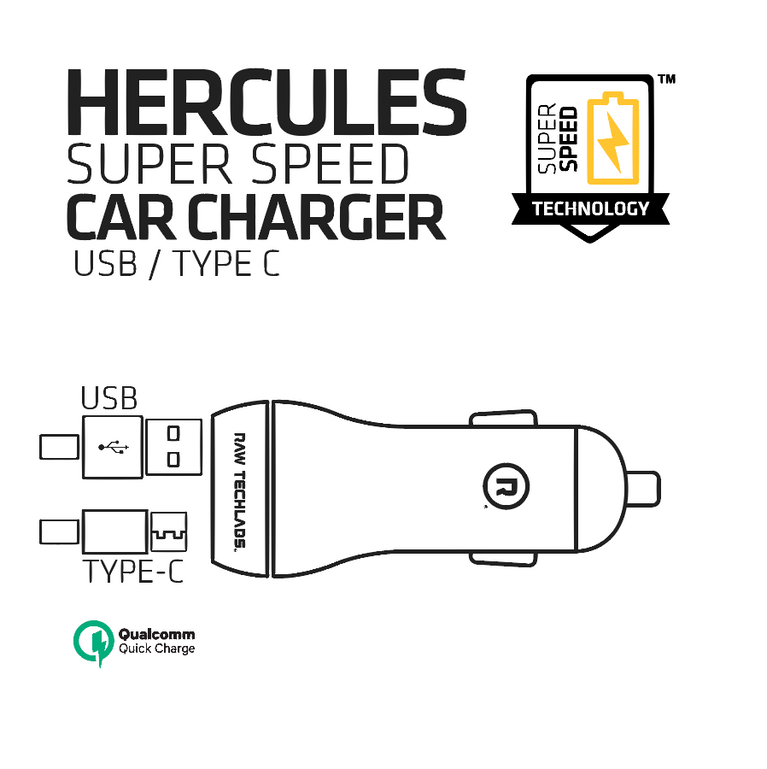 HERCULES SUPER SPEED CAR CHARGER - USB/TYPE C (BLACK)
