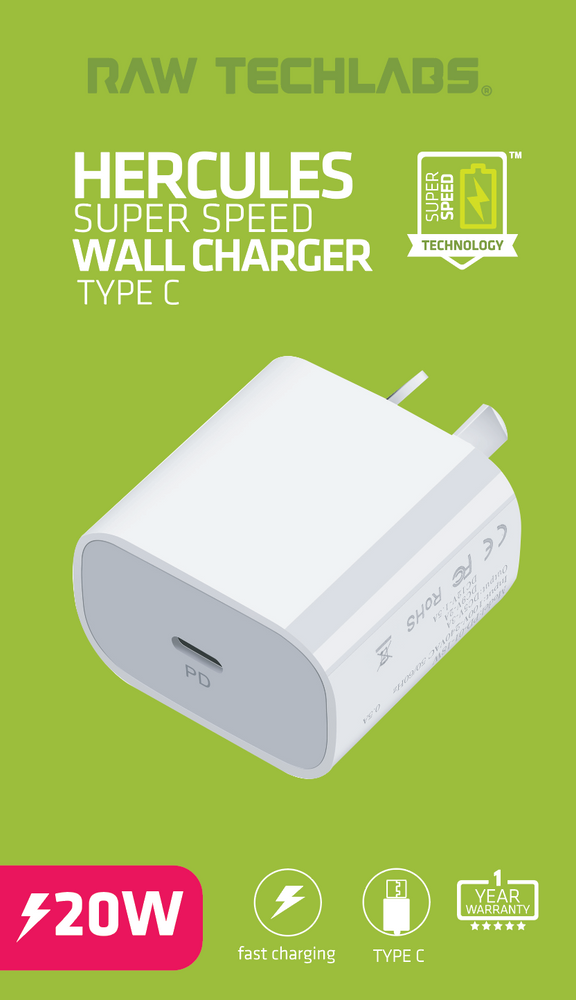 HERCULES SUPER SPEED WALL CHARGER 20W USB-C (WHITE)