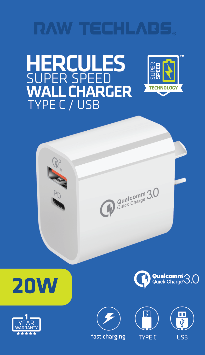 HERCULES SUPER SPEED WALL CHARGER 20W USB AND TYPE C (WHITE)