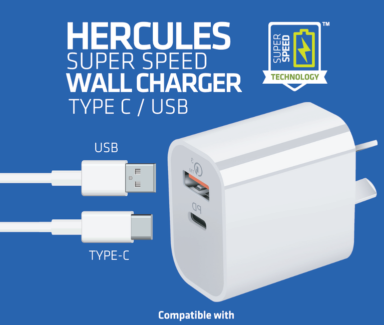 HERCULES SUPER SPEED WALL CHARGER 20W USB AND TYPE C (WHITE)